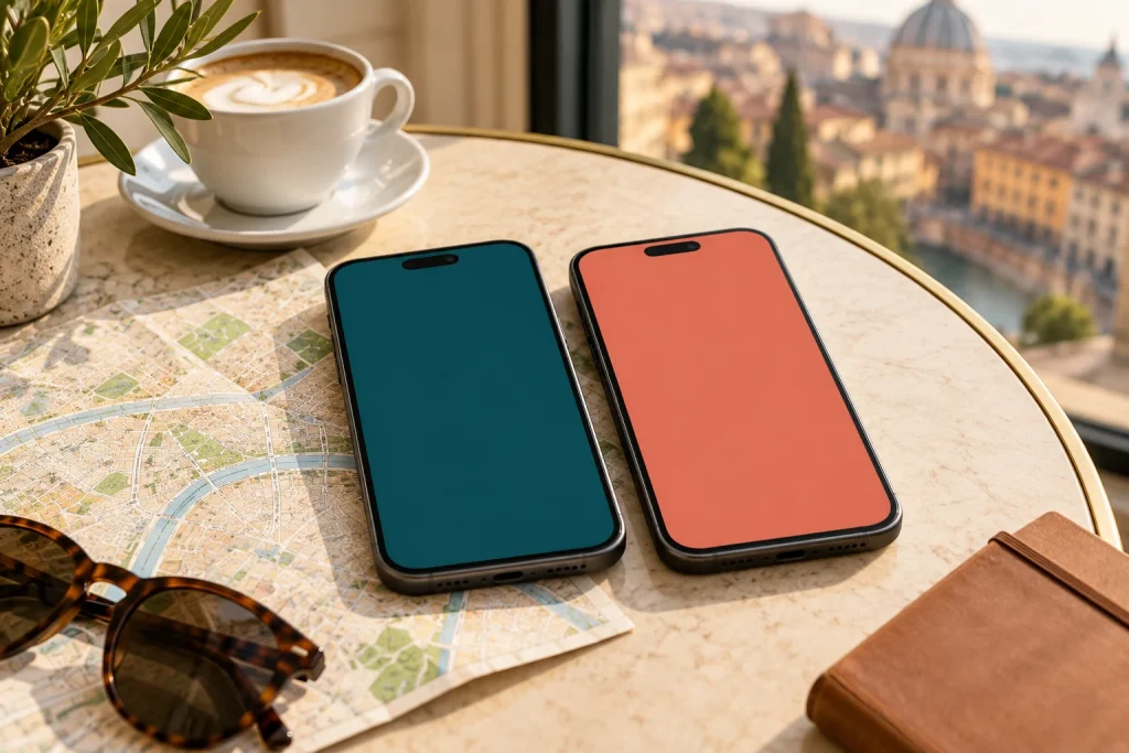 Two phones beside a travel map, illustrating a choice of mobile plans