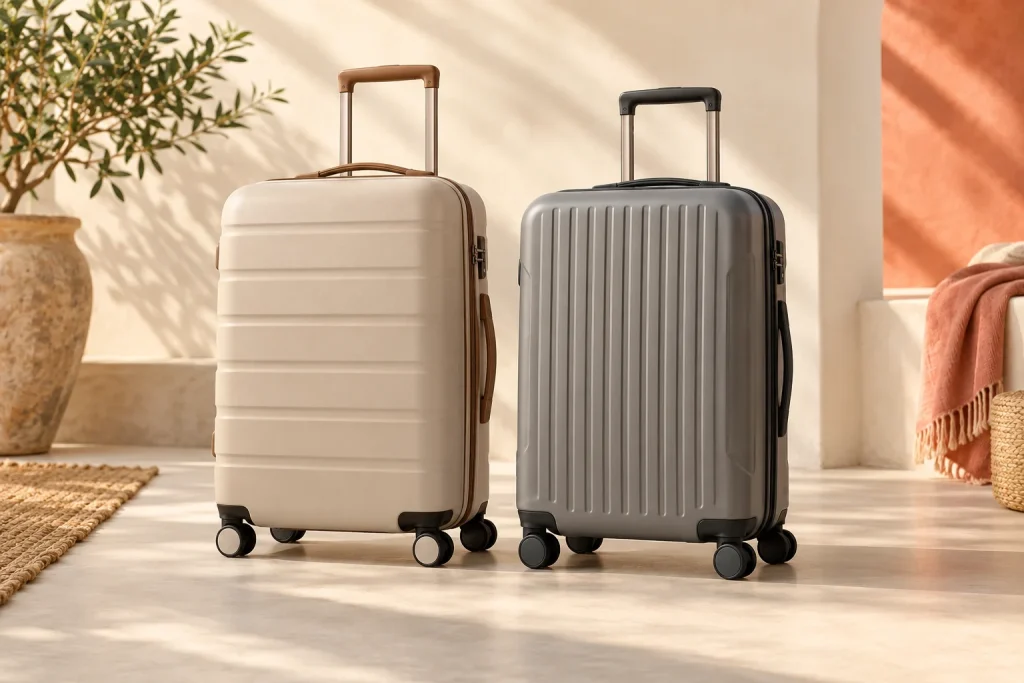 Two unbranded hard-shell carry-on suitcases side by side