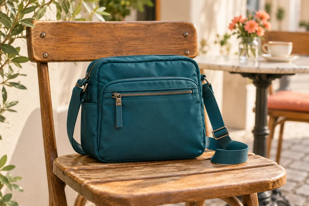 A compact crossbody travel bag at a city cafe
