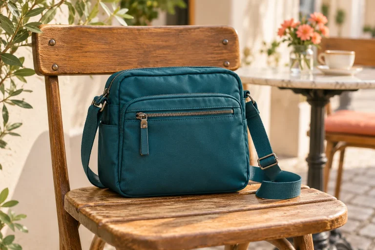 A compact crossbody travel bag at a city cafe
