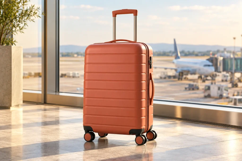 An unbranded carry-on suitcase beside an airport window