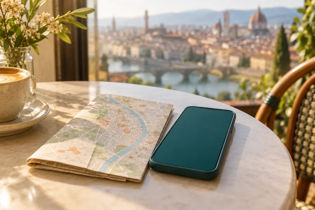 A phone and folded map on a sunny travel cafe table