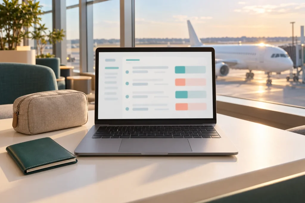 A laptop on an airport table with an aircraft outside the window