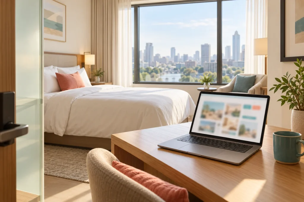 A hotel room and laptop used for travel planning