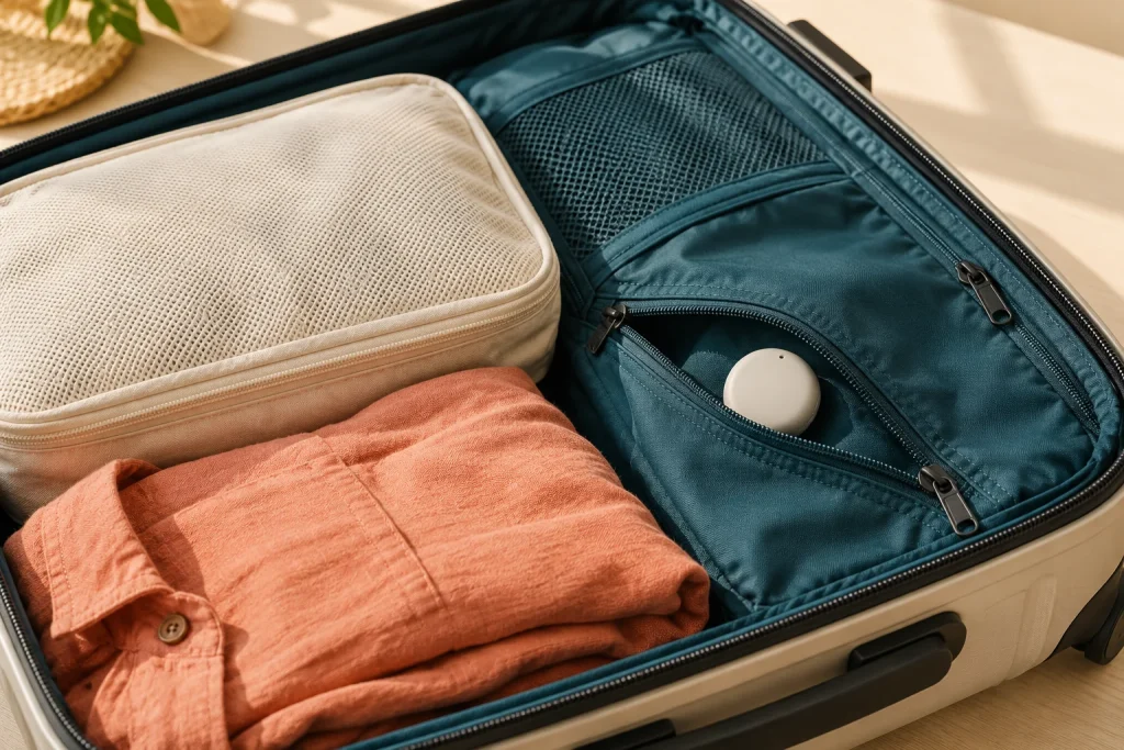 A small tracker tucked into a suitcase pocket