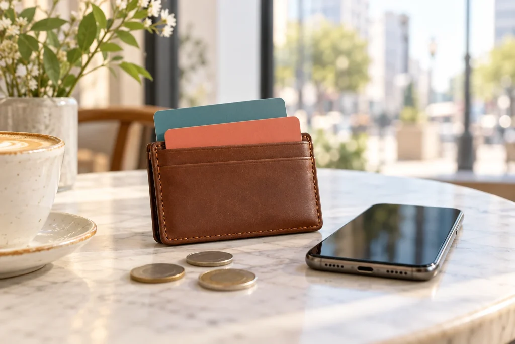 A travel wallet, unbranded payment cards and a phone on a cafe table