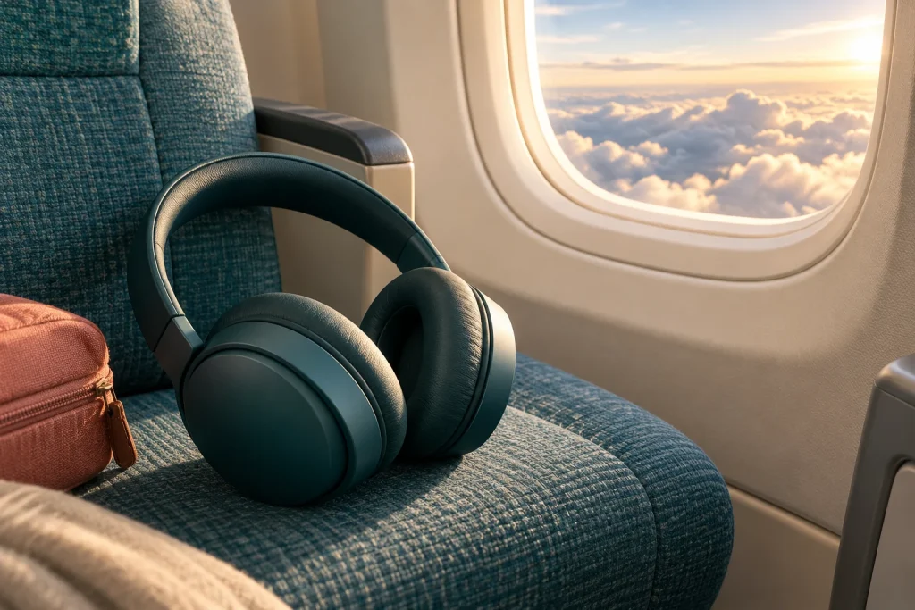 Over-ear headphones beside an airplane window