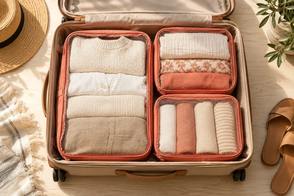 Packing cubes and folded clothing inside an open suitcase
