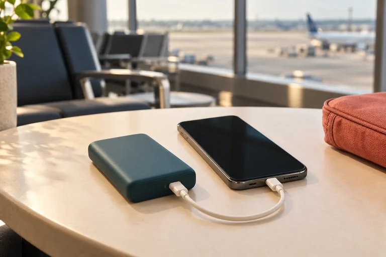 A portable power bank charging a phone in an airport lounge