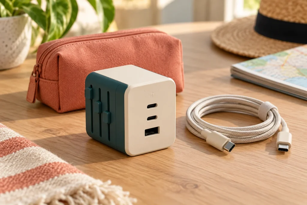 A travel plug adapter and charging cable on a wooden table