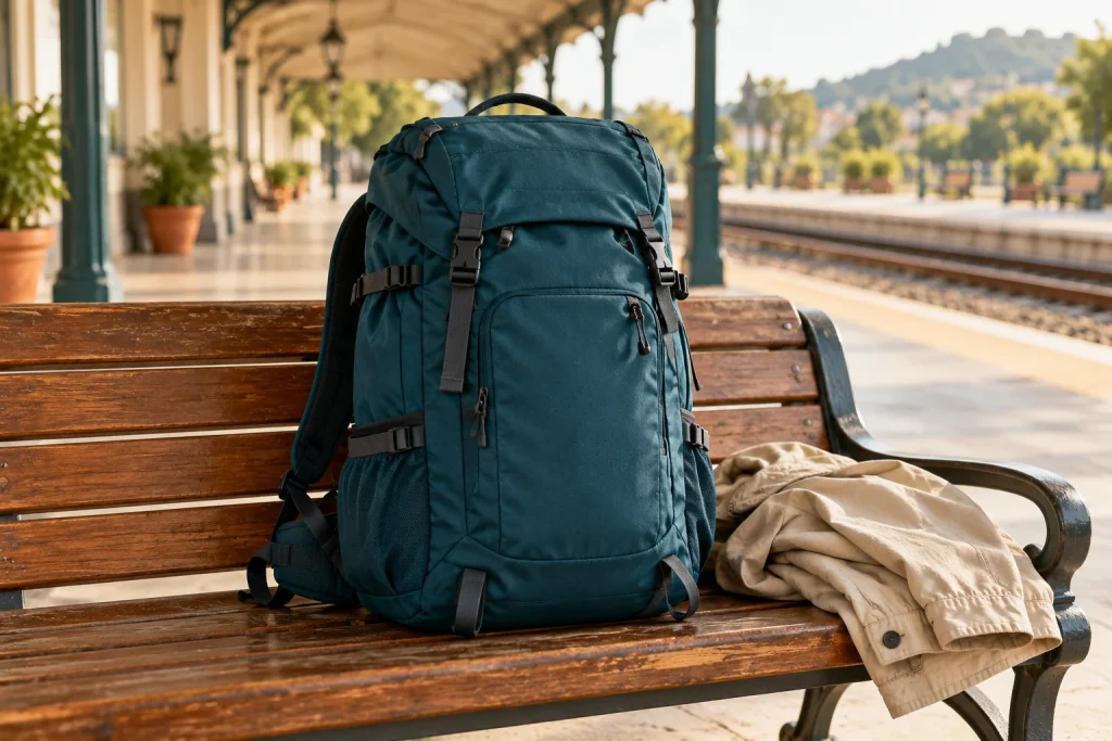 A travel backpack on a station bench