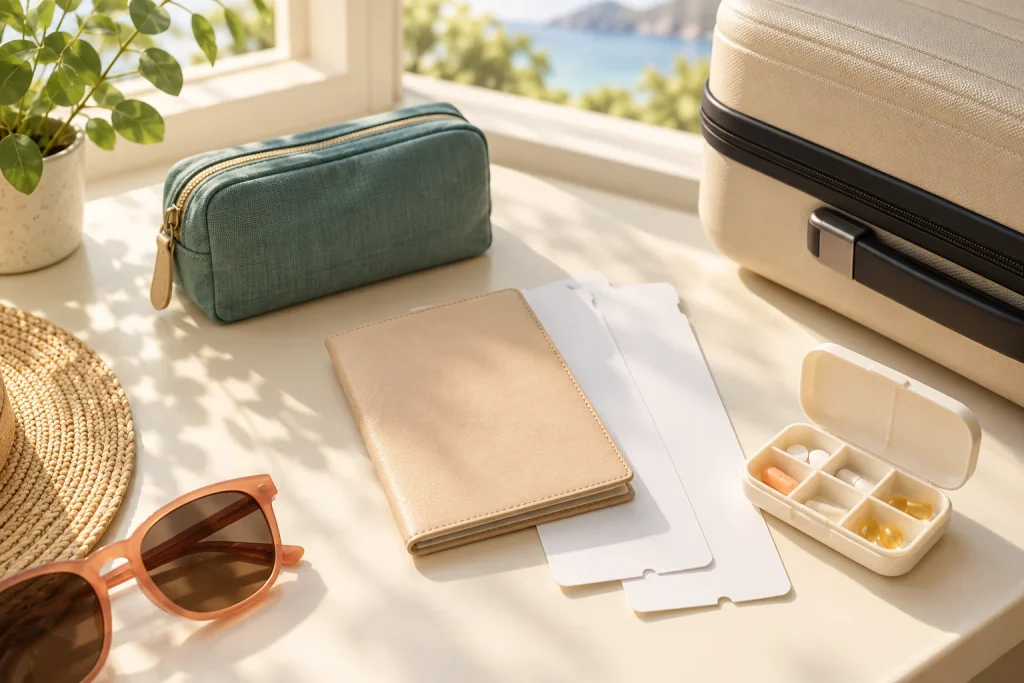Travel documents, a small first-aid pouch and luggage prepared for a trip