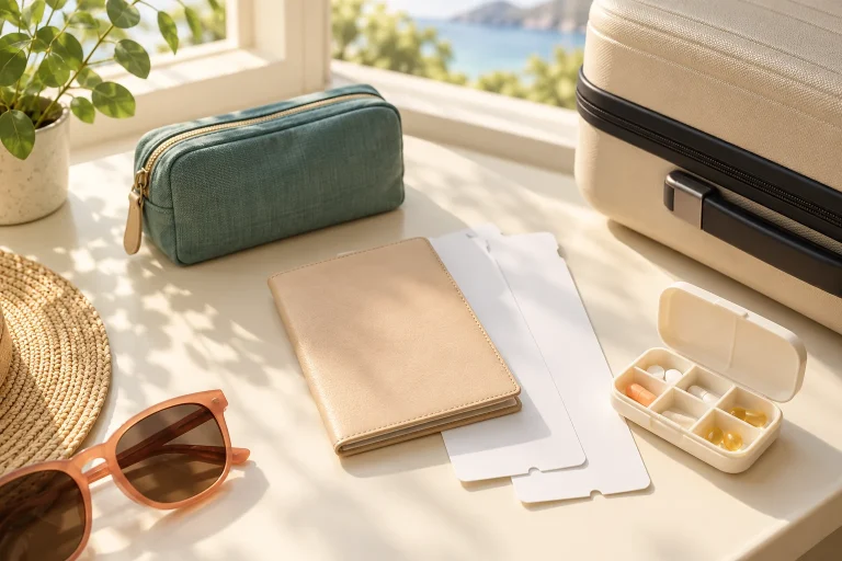 Travel documents, a small first-aid pouch and luggage prepared for a trip