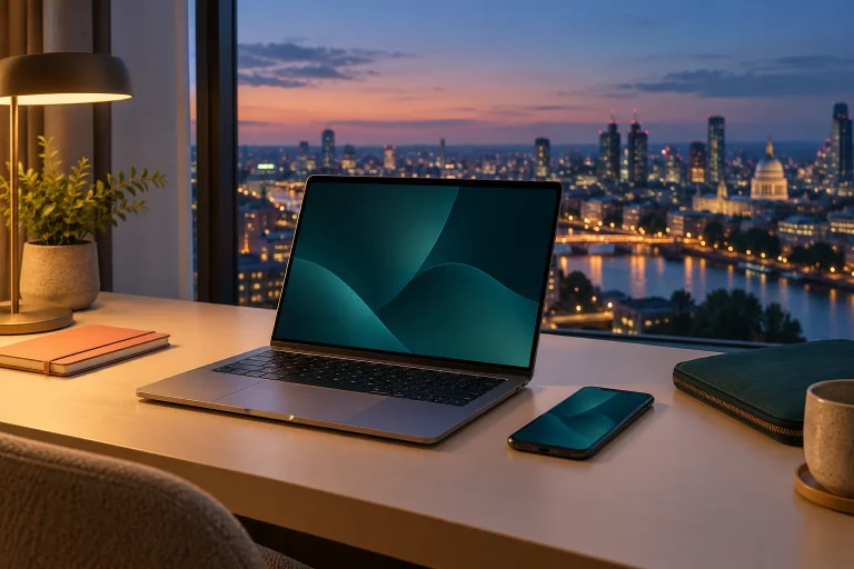 A laptop and phone on a quiet hotel work desk