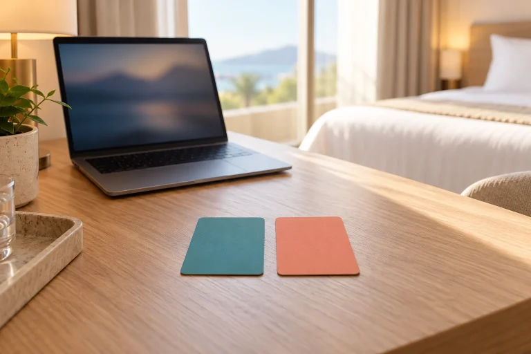 Two hotel key cards beside a laptop in a guest room