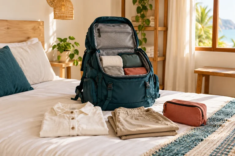 An open backpack and a compact packing layout by a hostel bed