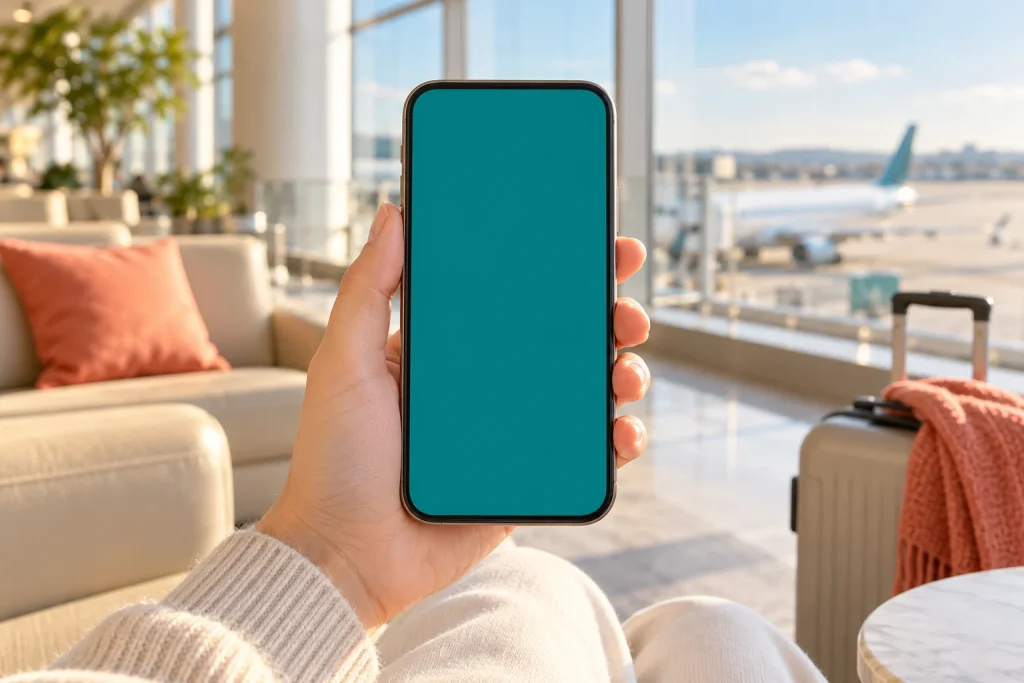 A traveler holding a phone in a bright airport lounge