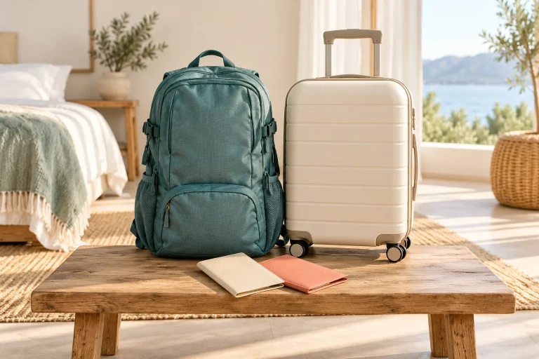 A backpack, carry-on and travel folders prepared for different trips