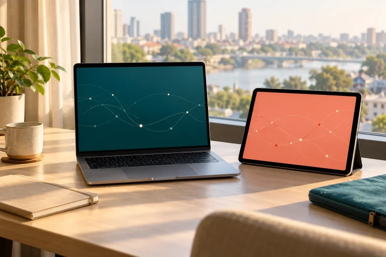 Two digital devices in a travel work setup