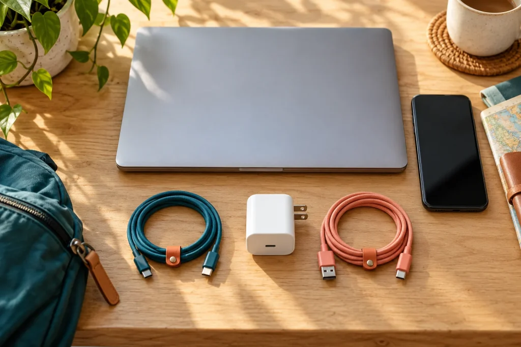 A laptop, phone, wall charger and neatly arranged USB cables