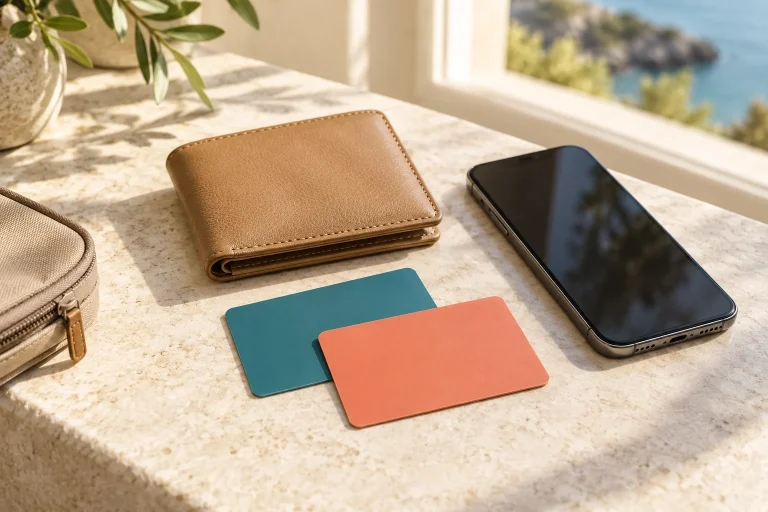 Two unbranded payment cards, a wallet and a phone